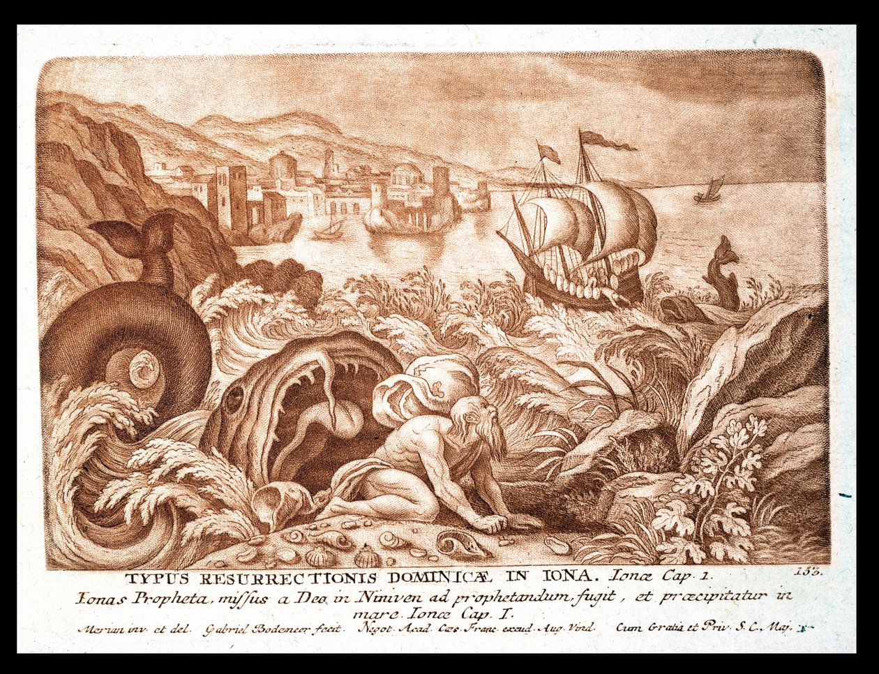 Jonah and the Whale, illustration från en bibel, graverad av Gabriel Bodeneer (1673-1766) (sepiagravyr) av Mattaus the Younger Merian