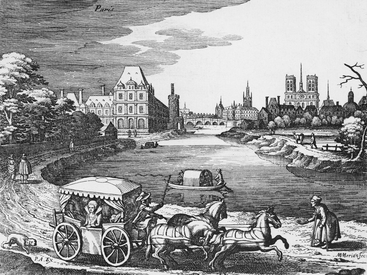 Utsikt över Louvren och Tuilerierna med en scencoach i förgrunden av Mattaus the Younger Merian