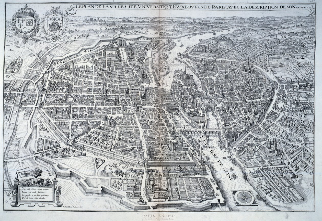 Plan över Paris 1615. Gravyr av Mathieu Merian av Mattaus the Younger Merian