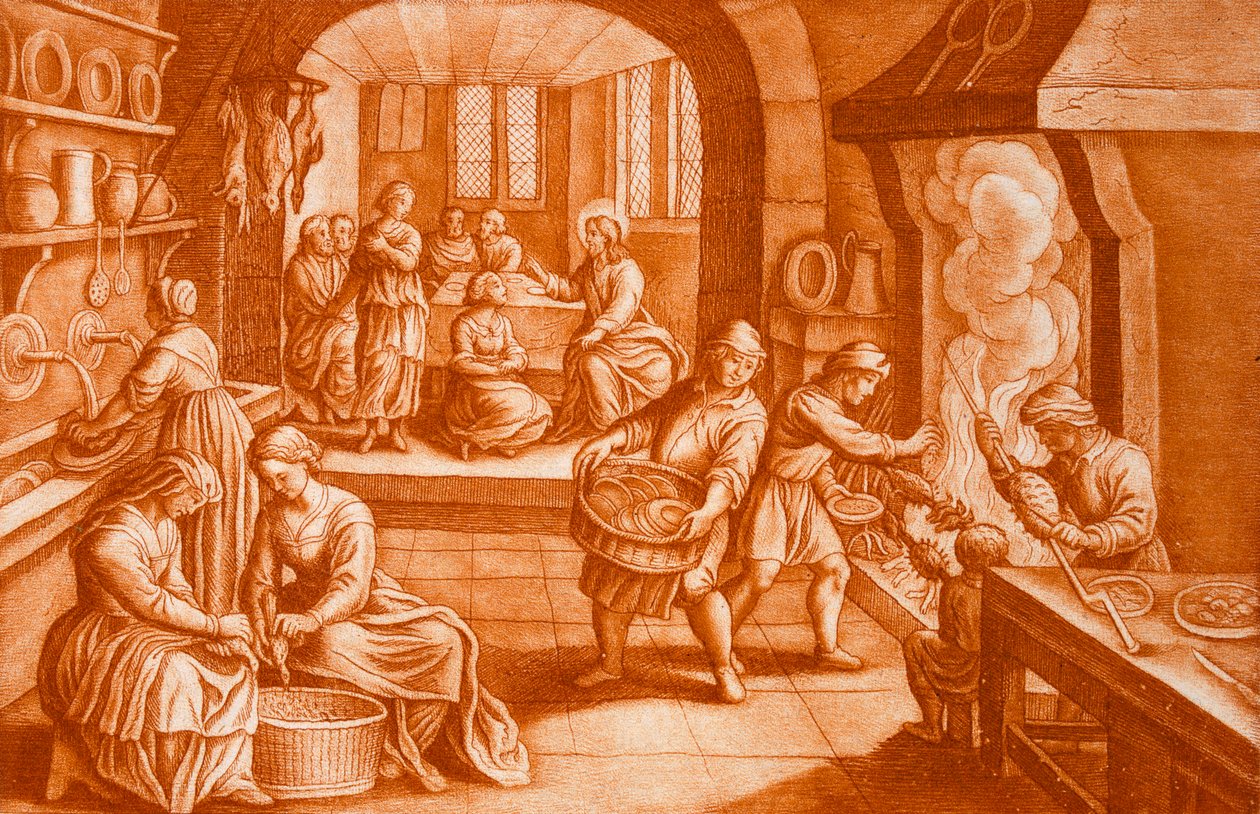 Berättelsen om Maria och Marta, illustration från Bibeln, graverad av J.C. Bodenehr (sepiagravyr) av Mattaus the Younger Merian