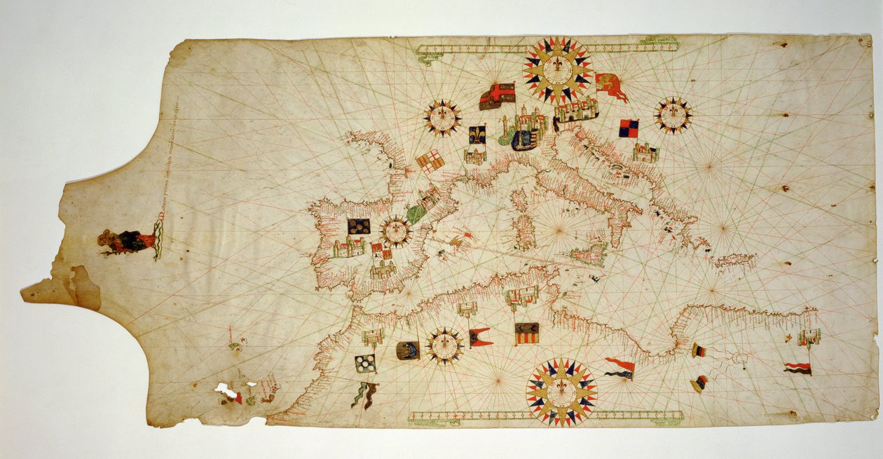 Miniatyr nautisk karta över det centrala Medelhavet, 1560 (pergament) av Matteo Prunes