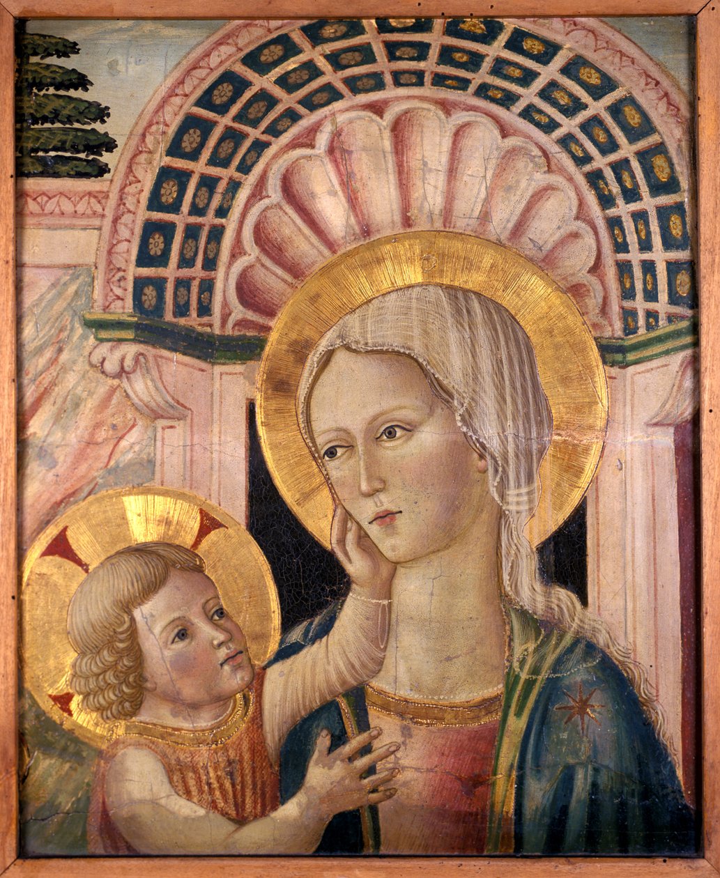 Madonna och barn framför en pilgrimsmusslas nisch (tempera på poppelträ) av Matteo da Gualdo