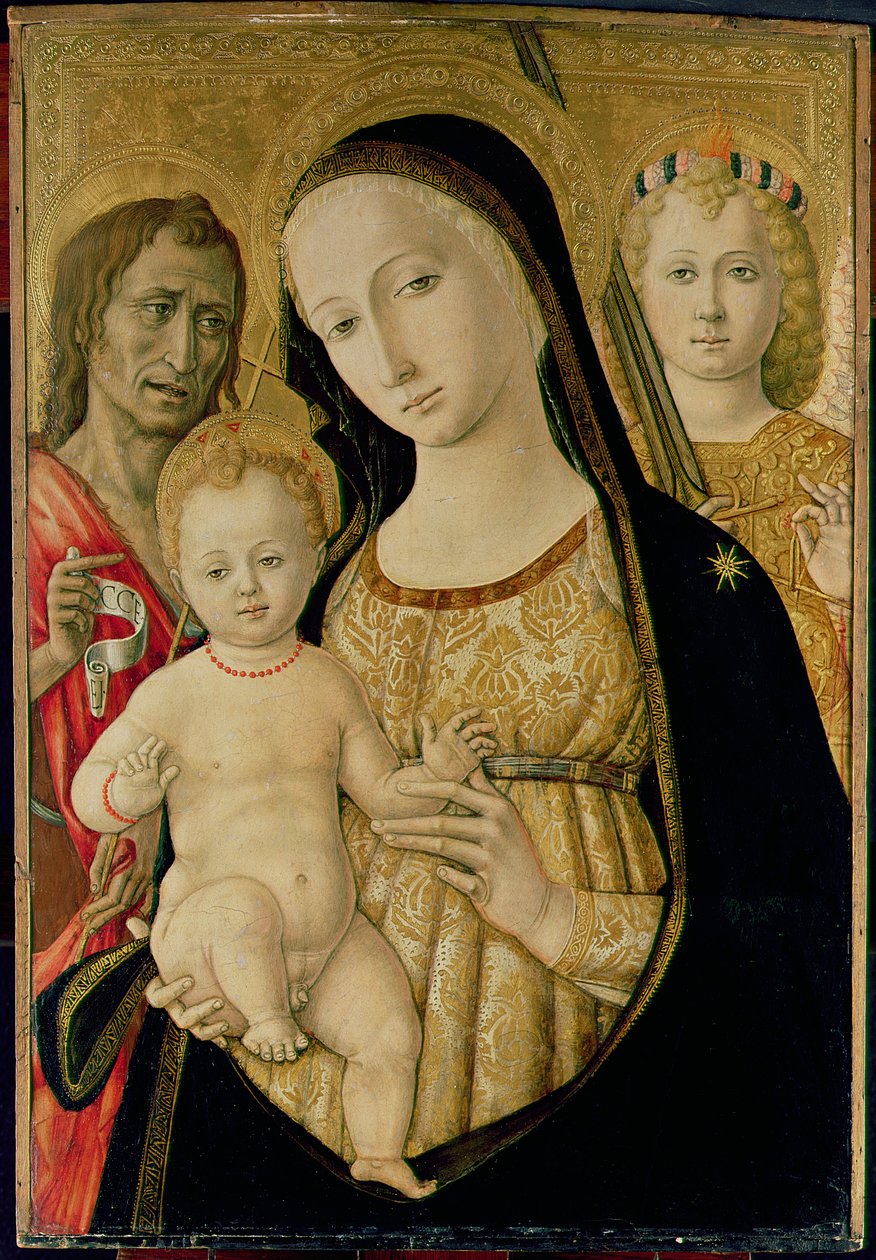 Madonna och barn med Johannes döparen och ärkeängeln Mikael, ca 1485-95 (tempera på panel) av Matteo di Giovanni di Bartolo