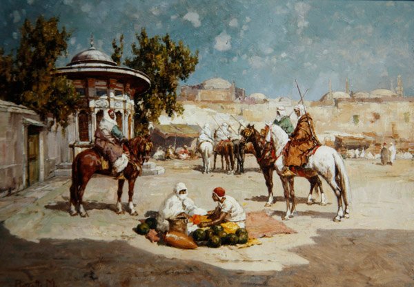 Arabiska krigare på ett marknadstorg, ca 1910 (olja på panel) av Matteo Da Angelo Rossotti