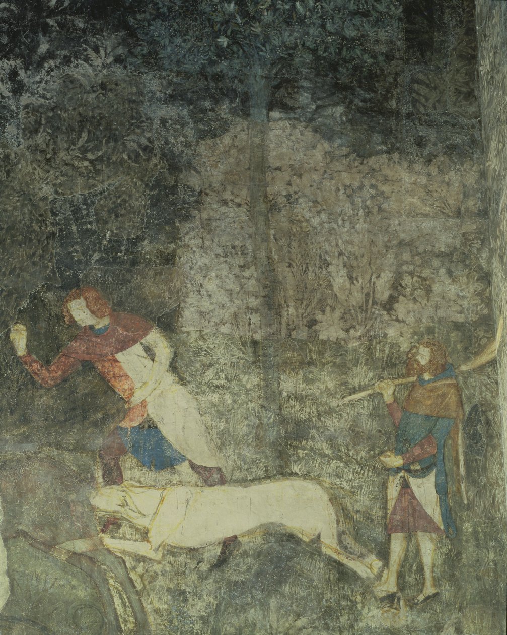 Män som jagar med hundar, detalj av dekorativt schema från La Chambre du Cerf Stag Room 1347 fresk av Matteo Giovanetti