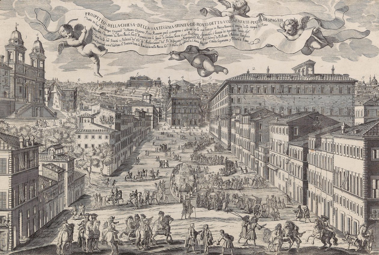 Prospekt för kyrkan Santissima Trinita de Monti, allmänt känd som Piazza di Spagnia, 1696. av Matteo Gregorio de Rossi