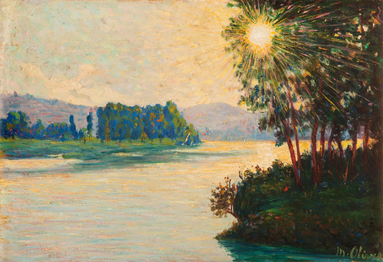 Uppgående sol på floden (olja på panel) av Matteo Pietro Olivero