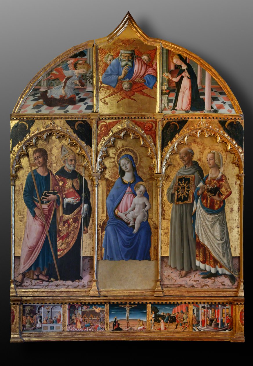 Madonna med barn och helgonen Jakob, Augustinus, Bernhardinus och Margareta, 1300-talets första decennier (tempera på pannå) av Matteo di (c.1430 95) Giovanni