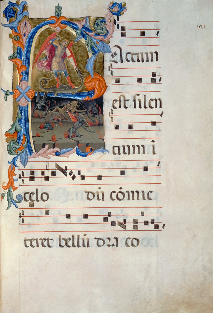 St. Michael ärkeängel besegrar demonerna. Miniatyr tillskriven Matteo Torelli, från ett antifonarium som dateras till 1394 (Corale 5, ca 105v) av Matteo di Filippo Torelli