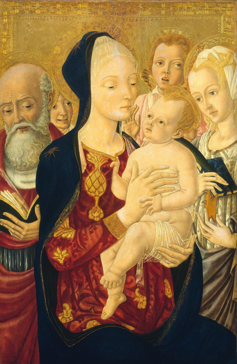 Madonna och barn med Saint Hieronymus, Saint Catherine of Alexandria och änglar, ca. 14651470. av Matteo di Giovanni