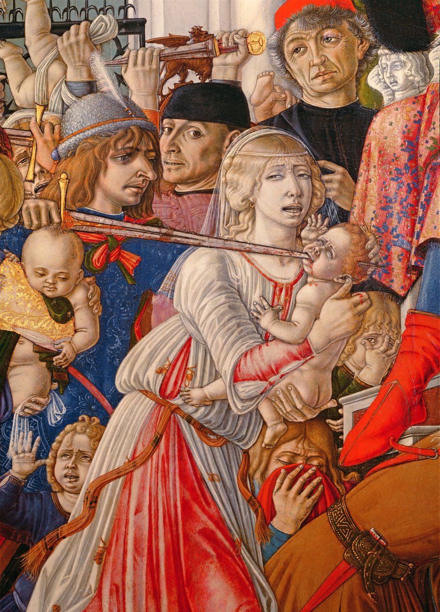 The Massacre of the Innocents, detalj av en soldat som genomborrar en baby med sitt svärd, 1482 tempera på paneldetalj av 106233 av Matteo di Giovanni di Bartolo