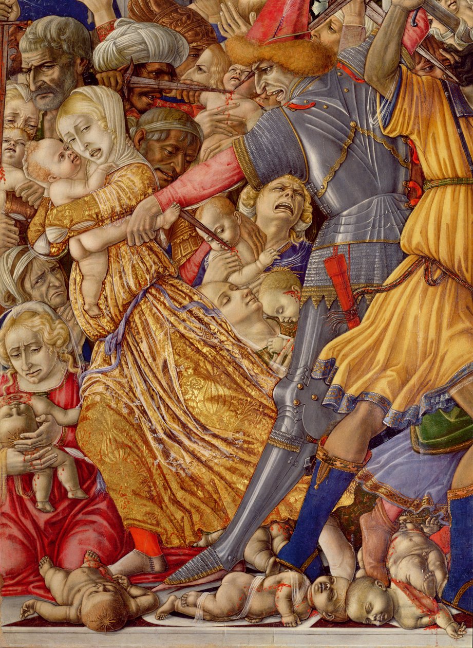 The Massacre of the Innocents, detalj av en soldat som förbereder sig för att knivhugga ett barn och omgivande blodbad, 1482 tempera på paneldetalj av 106233 av Matteo di Giovanni di Bartolo