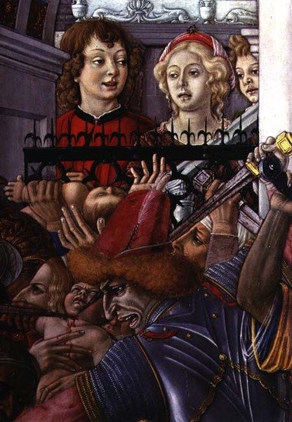 The Massacre of the Innocents, detalj av två åskådare som observerar blodbadet från palatset av Matteo di Giovanni di Bartolo
