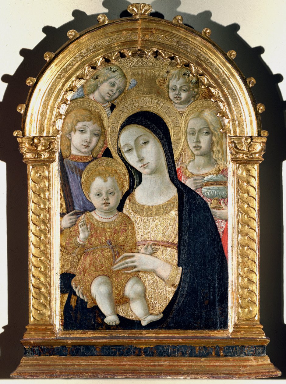 Jungfru med Jesus barn, Sankt Mikael, Sankta Maria Magdalena (målning på trä av Matteo di Giovanni di Bartolo
