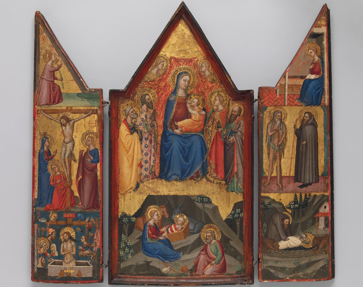 Madonna och barn tronade med heliga... , och under födseln..., ca. 1380-90. av Matteo di Pacino