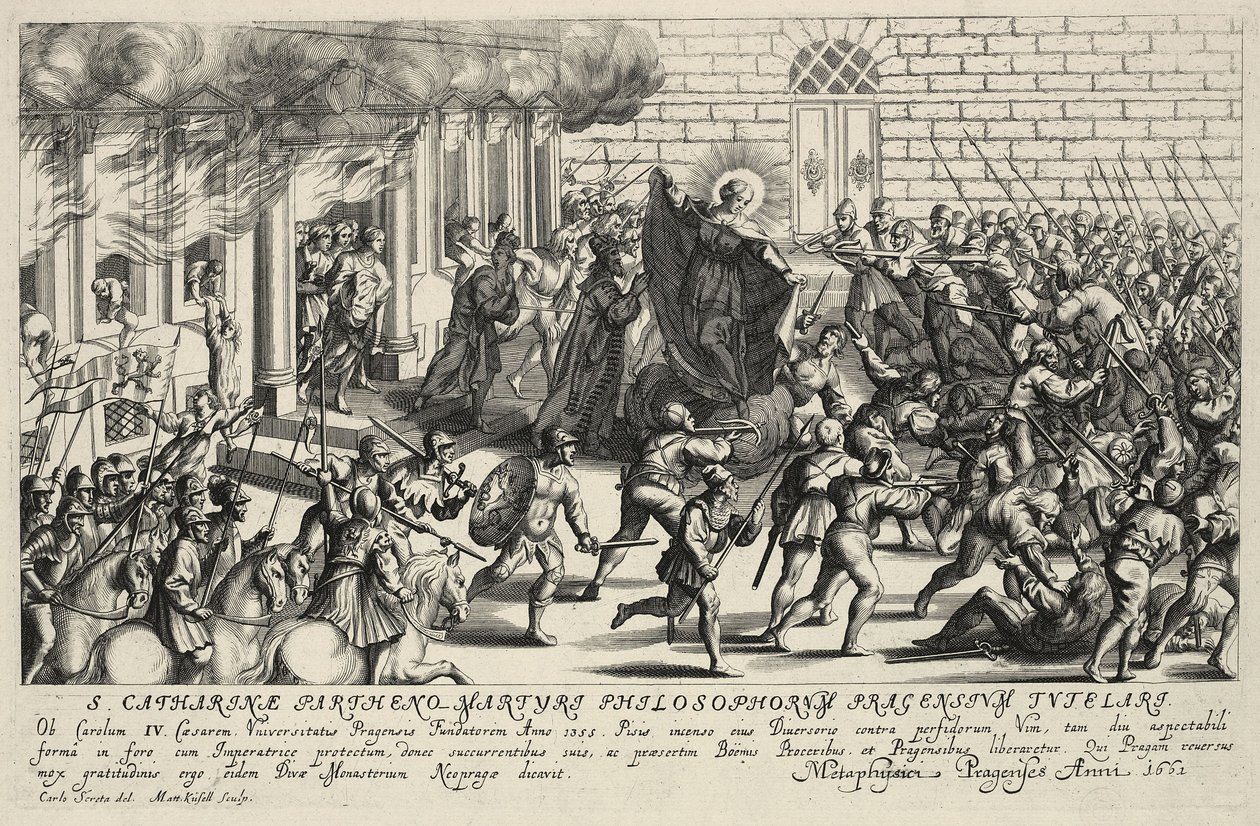 Saint Catherine skyddar Karl IV under den populära revolten i Pisan i maj 1355 av Matthäus Küsel