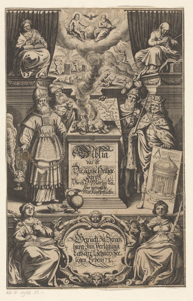 Erbjud van a lam till fyra män Titelsida för: Martin Luther. Biblia det är hela den Heliga Skrift översatt av D. Martin Luther, s.a. av Matthäus Merian (I)