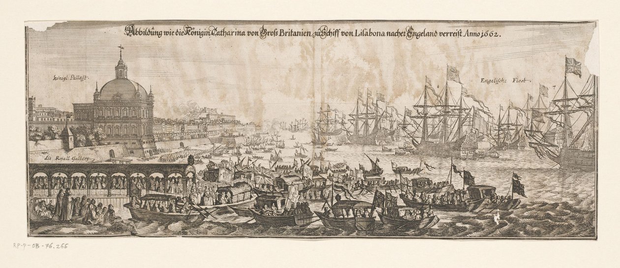 Flottans avgång med Catherine från Bragança till England, 20 april 1662 Abbildung wie die Königin Catharina von Gross Britanien zu Schiff von Lisabona nacher reser till England. Anno 1662 (titel på objekt) Giftermål med Katarina av Bragança och En av Matthäus Merian (II)