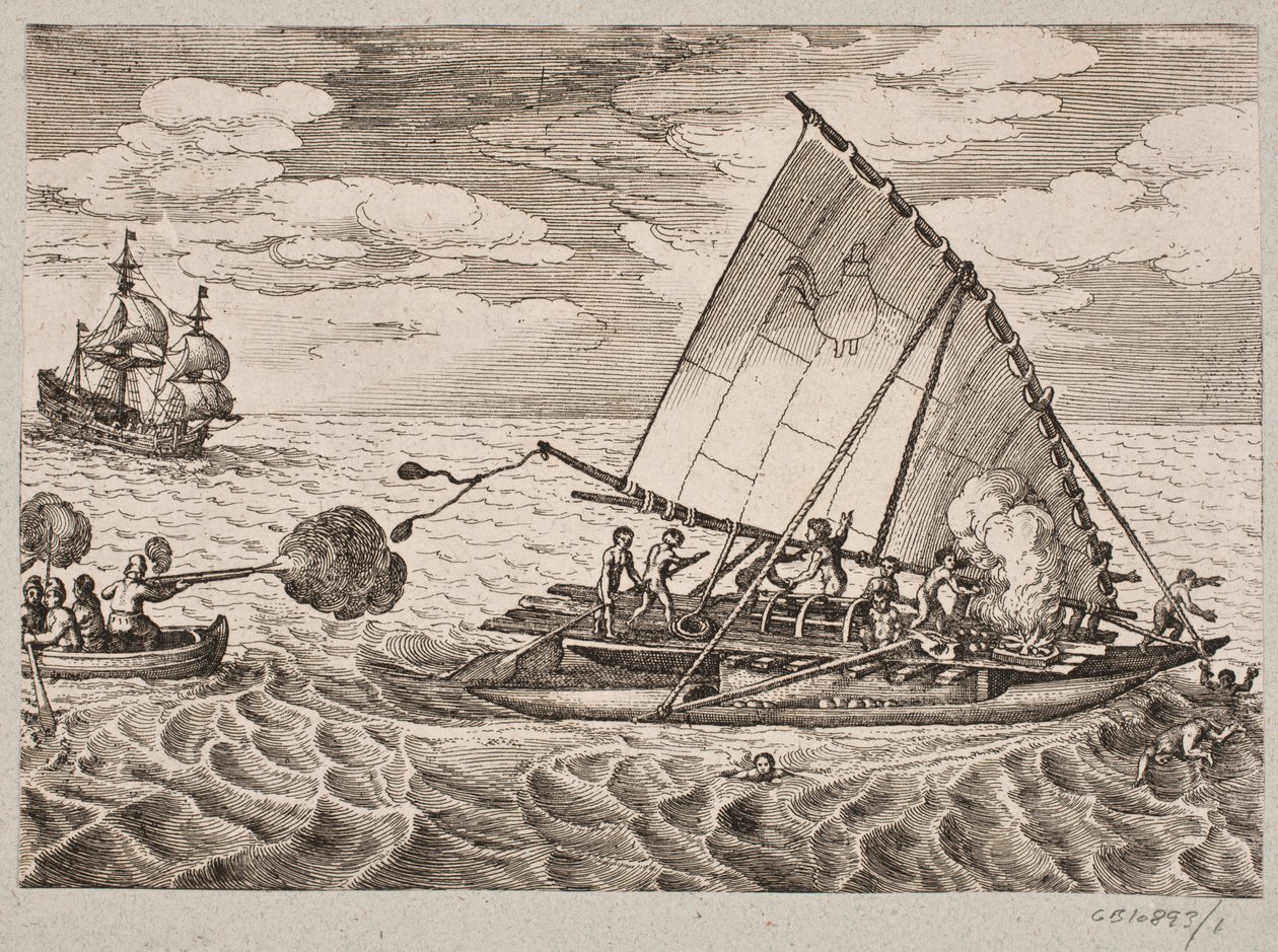 Holländskt fångstskepp med vilda människor och barn av Matthäus Merian d.Æ.