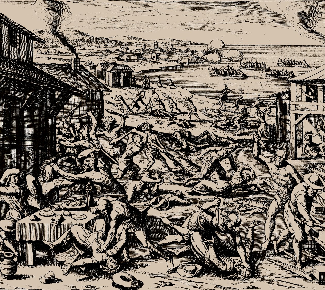 Powhatan attack den 22 mars 1622, 1628. av Matthaus the Elder Merian