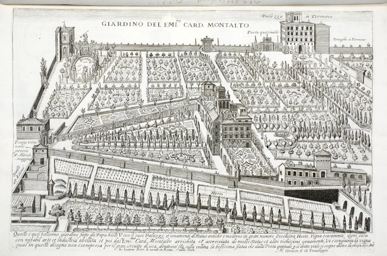 Utsikt över kardinal Montaltos trädgårdar, c.1620 av Matthaus Greuter