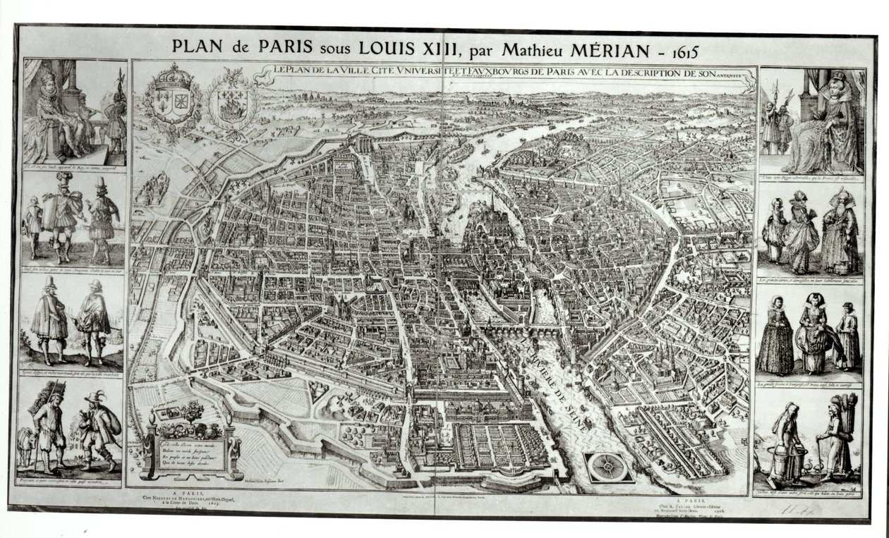 Fågelperspektivplan av Paris, 1615 av Matthaus the Elder Merian