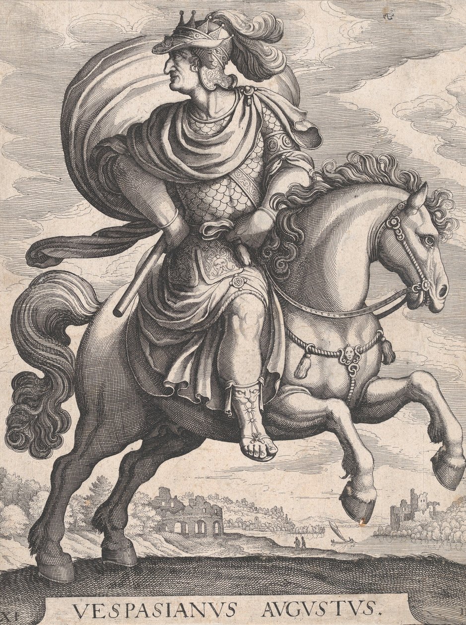 Kejsar Vespasianus till häst, från serien De första tolv romerska kejsarna, tavla 1..., 1610-50. av Matthaus Merian
