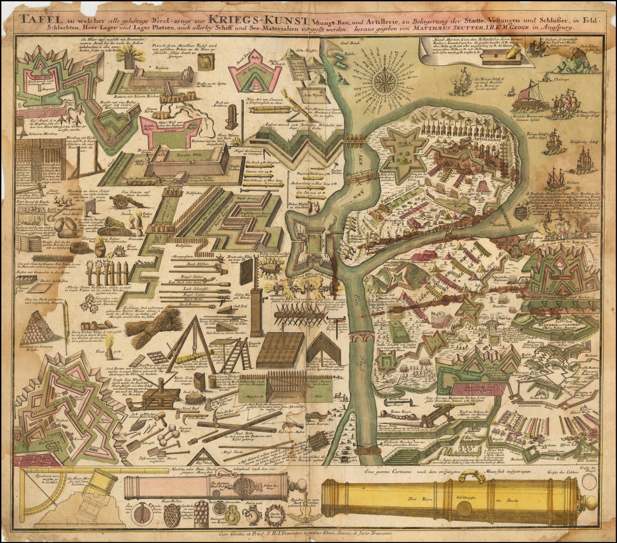 1720 års allegoriska karta av Seutter som visar krigskonsten till lands och till sjöss av Matthäus Seutter
