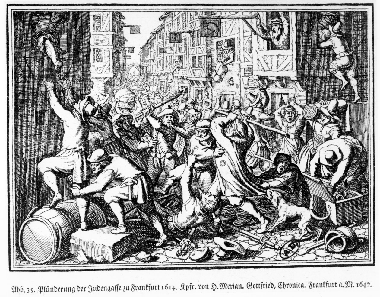 Plundrar den judiska gränden under Fettmilch-kravallerna i Frankfurt den 22 augusti av Matthaus the Elder (after) Merian