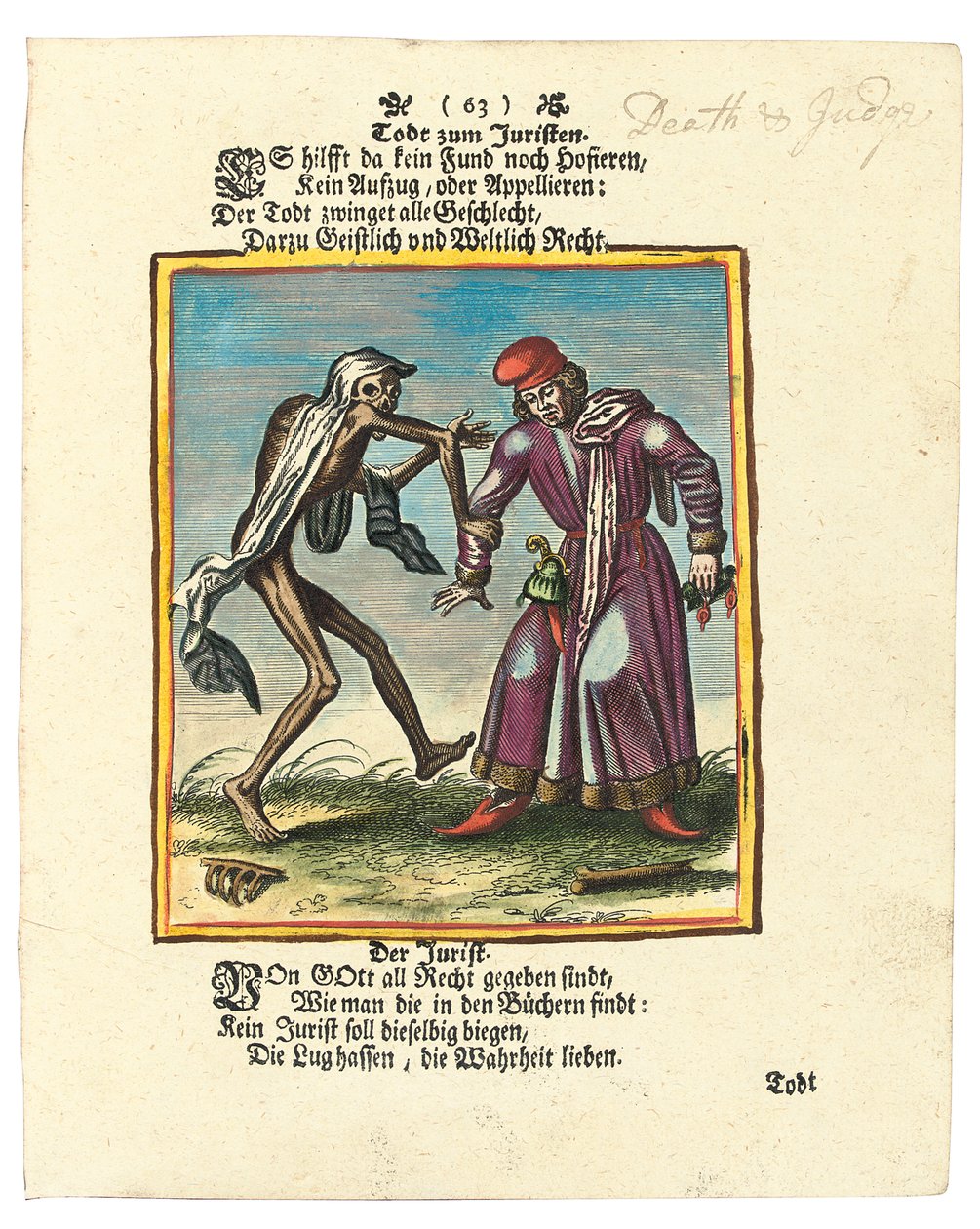 Döden och advokaten, ca 1700-1725 (handfärgad gravyr) av Matthaus the Elder Merian