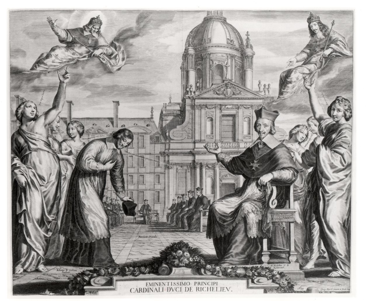 Robert de Sorbon (1201-94) och kardinal Richelieu (1575-1642) framför Sorbonne, graverade av Gregoire Huret (1606-70) 1639 av Matthaus the Elder Merian