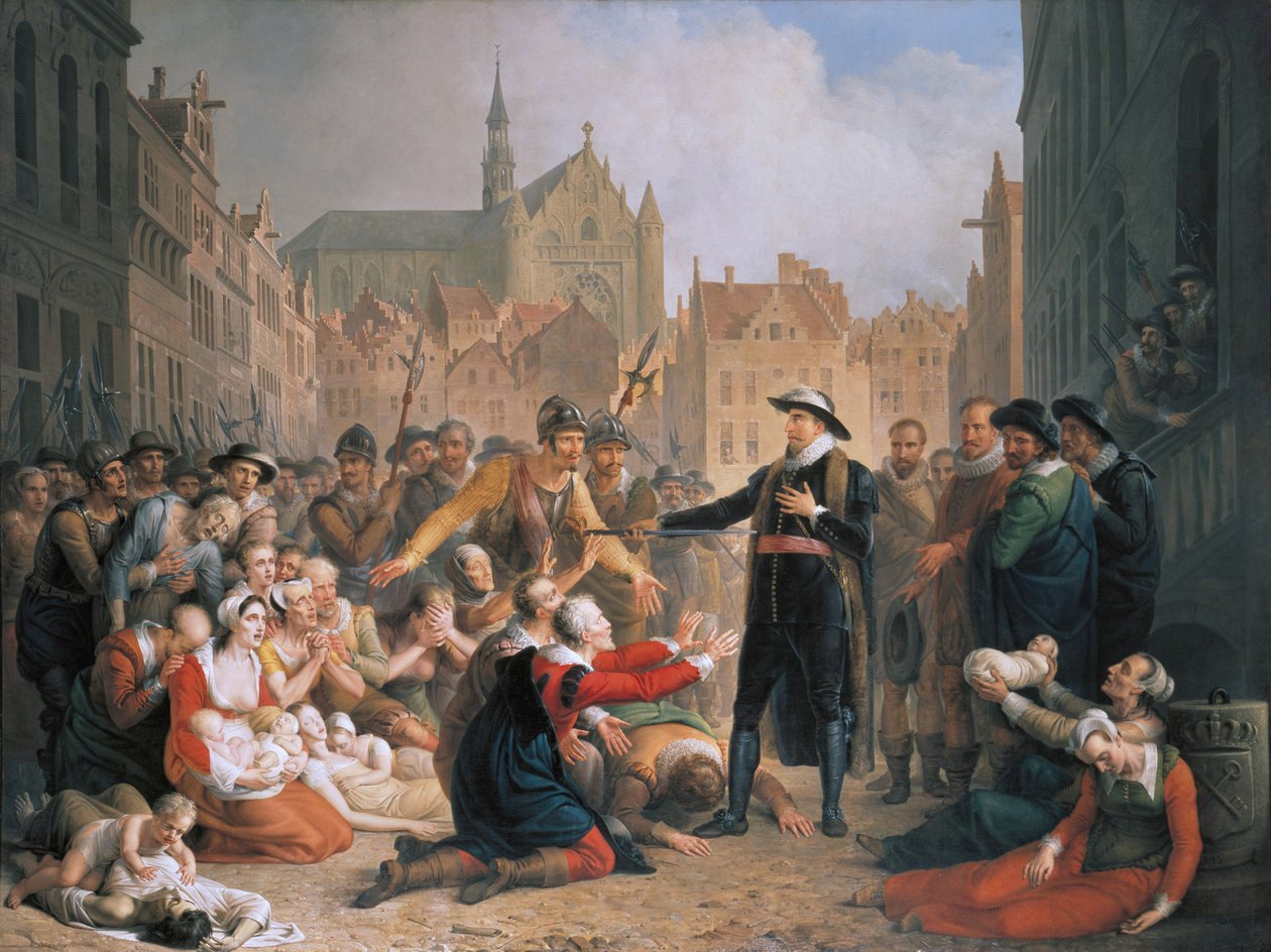 Burgomaster van der Werf erbjuder sitt svärd till Leidenborna av Mattheus Ignatius van Bree