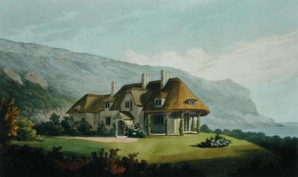 Villa med halmtak vid havet för James Vine Esq., i Puckaster, Isle of Wight, från Villa Architecture: en samling vyer, med planer, av byggnader utförda i England och Skottland, av Robert Lugar, pub av Matthew Dubourg