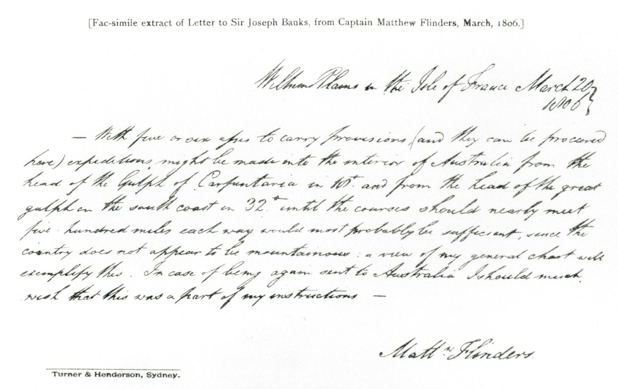 Faksimilkopia av ett brev till Sir Joseph Banks från kapten Matthew Flinders, daterat mars 1806, från The History of Australian Exploration från 1788-1888, 1888 (fax) (bw foto) av Matthew Flinders