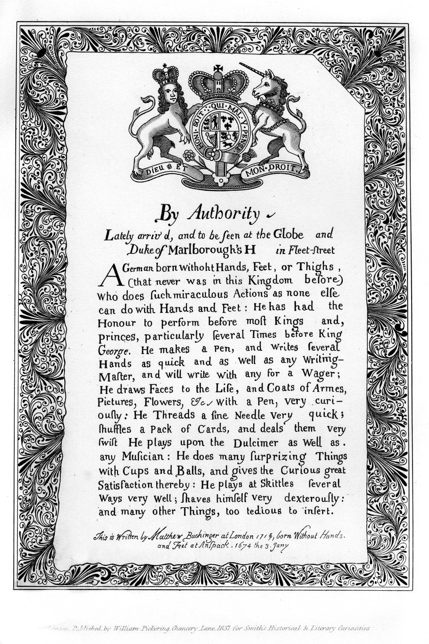 Kalligrafisk utställningsräkning av Matthew Buchinger, Dwarf of Nurnburg, 1717, 1840 av Matthew Buchinger