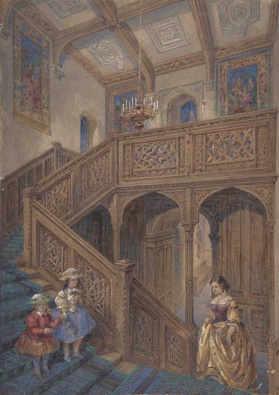 Design för en trappa i jakobinsk stil recto, Architectural Element Design verso, ca. 1867. av Matthew Digby Wyatt