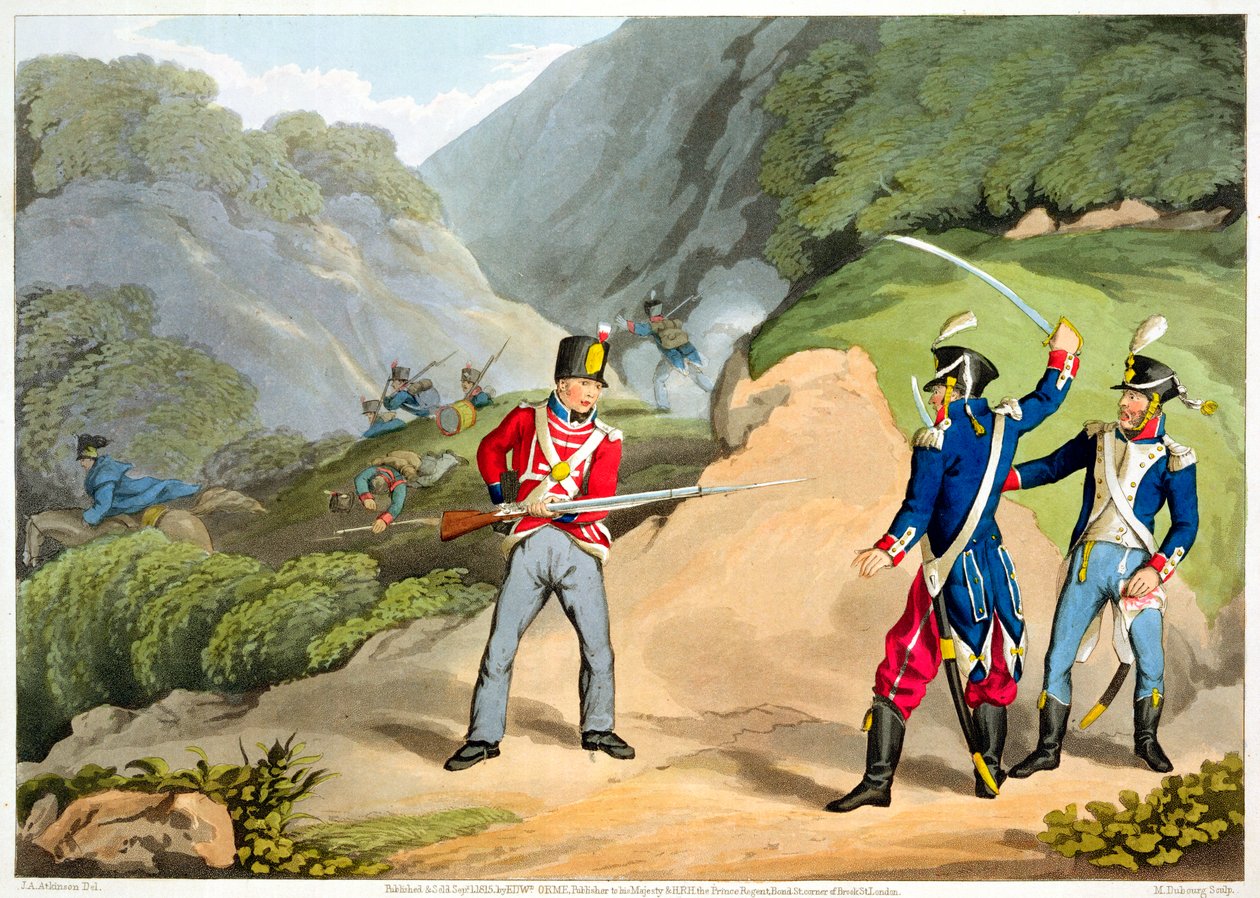 "En brittisk soldat tar två franska officerare i slaget vid Pyrenéerna", 1813 1816 av Matthew Dubourg