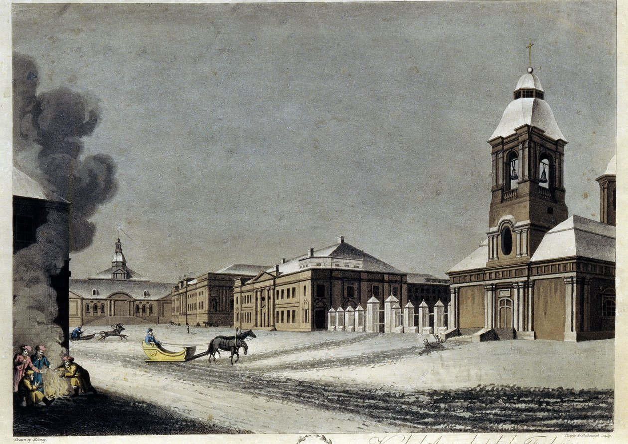 Arsenalen och kanongjuteriet i Sankt Petersburg. (Arsenalet och kanongjuteriet i Petersburg). Beskrivning av byggnader mitt i vintern, med slädar som glider på snön och en grupp individer som värmer sig runt en eld. Arbete av av Matthew Dubourg