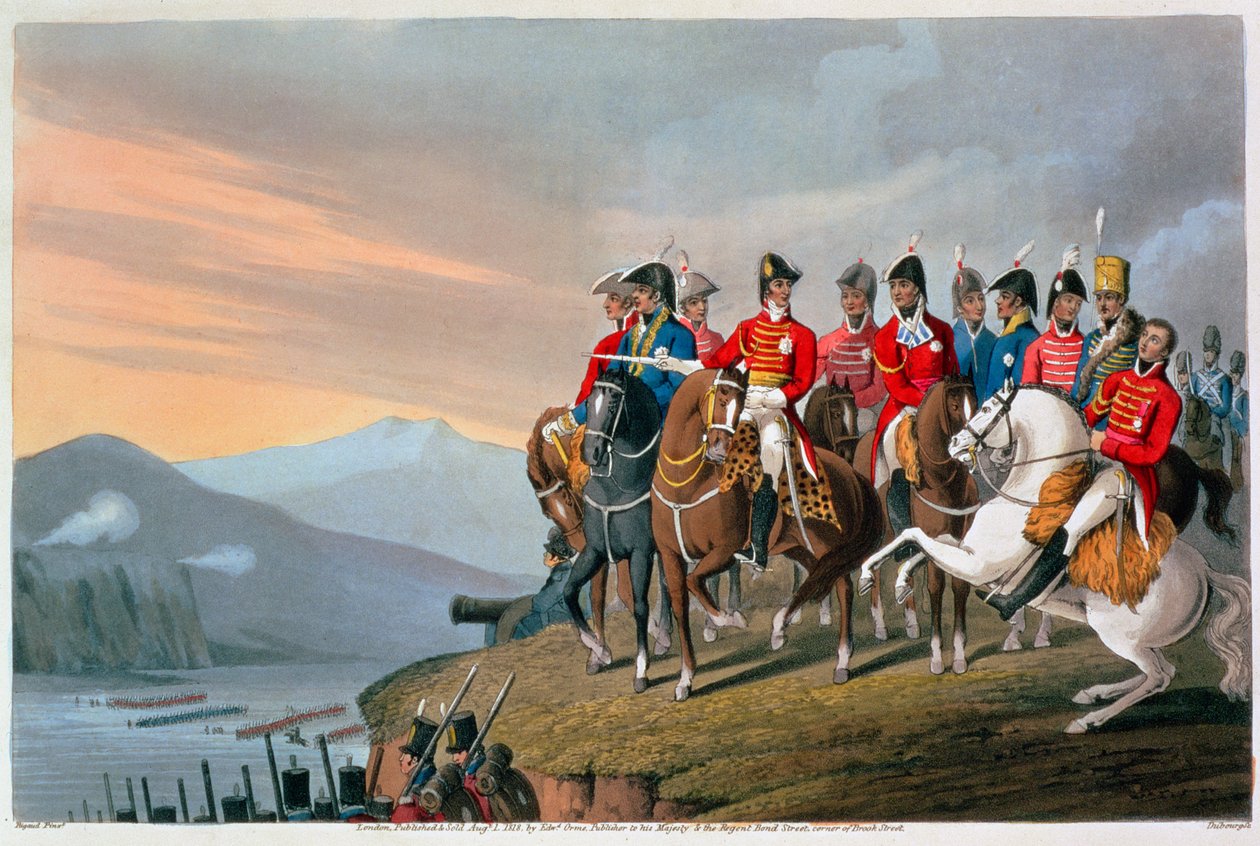 "Hertigen av Wellington och hans stab korsar Bidassoa och går in i Frankrike", 1813-1816 av Matthew Dubourg