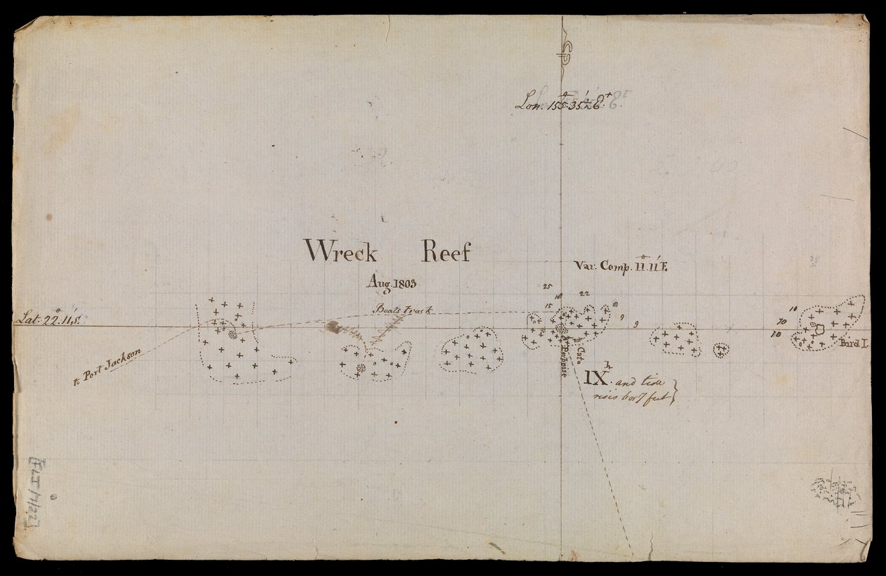Grovt skissad karta över "Wreck Reef" 1803 från en samling tekniska memoranda och korrespondens från amiralitetet av Matthew Flinders