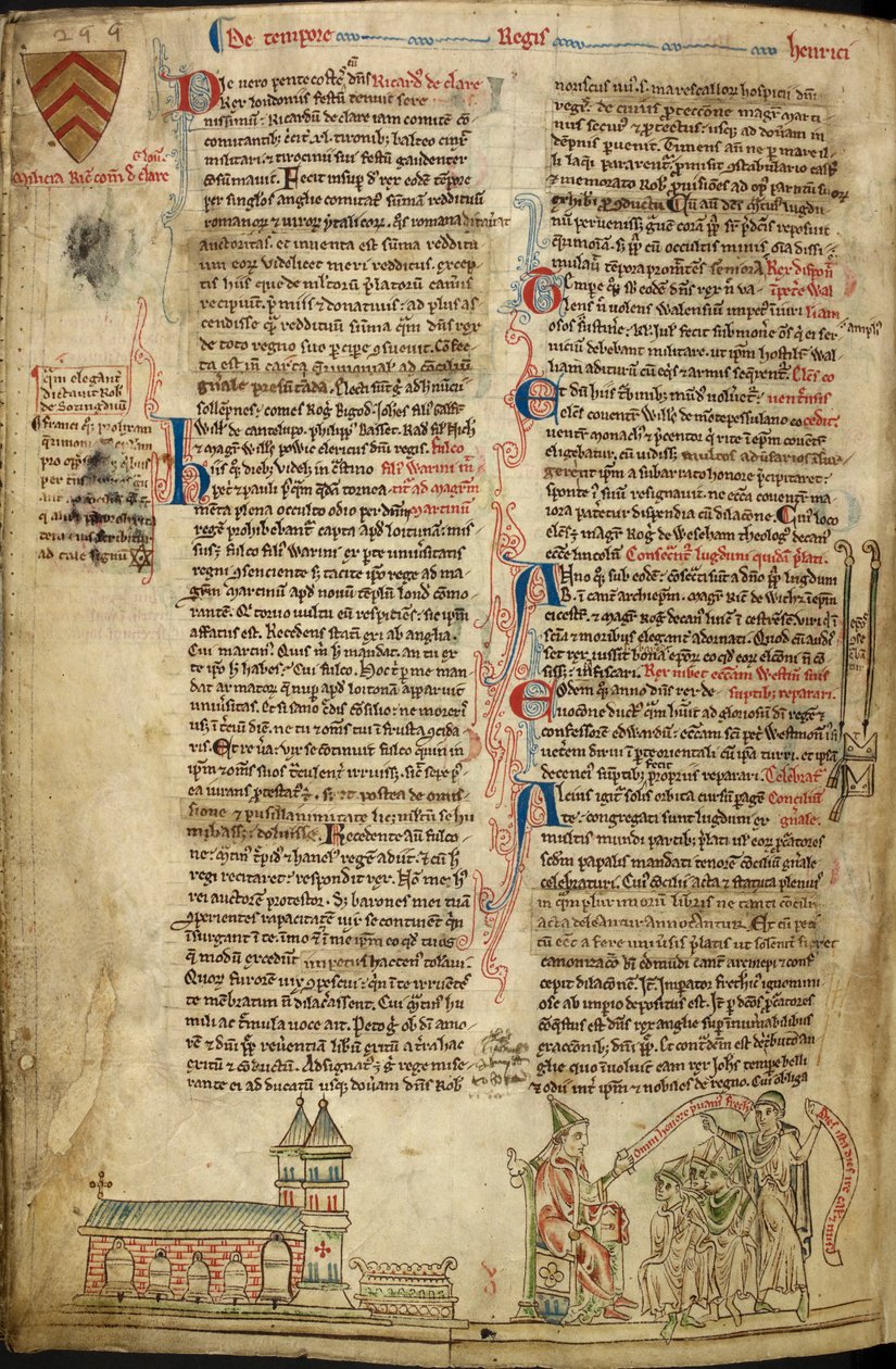 Royal 14C VII, f.138v Westminster Abbey and the Shrine of St. Edward; till höger, påven Innocentius IV vid konciliet i Lyon, illustration från 