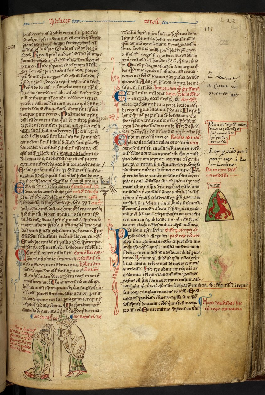 Royal 14 C. VII f.122r Roger Nigel, biskop av London, vigde Edmund av Abington till ärkebiskop av Canterbury; av Matthew Paris