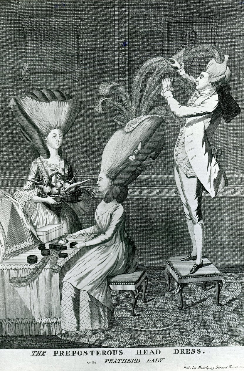 Den besvärliga huvudbonad eller fjäderdamen, 1776 av Matthew or Matthias Darly