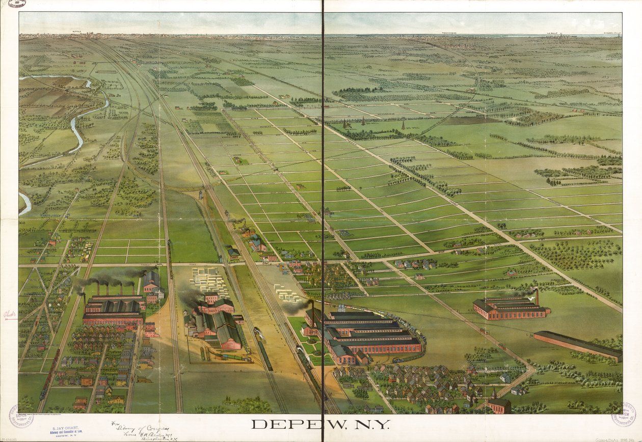 Fågelperspektiv. Orienterad med norr till höger. LC Panoramic maps (2nd ed.), 555.1 Tillgänglig även via Library of Congresss webbplats som en rasterbild. LC-kopia kommenterad med bläck. Stämplad på: Compliments Depew Improvement Co.; S. Jay Ohart, advokat av Matthews Northrup Company