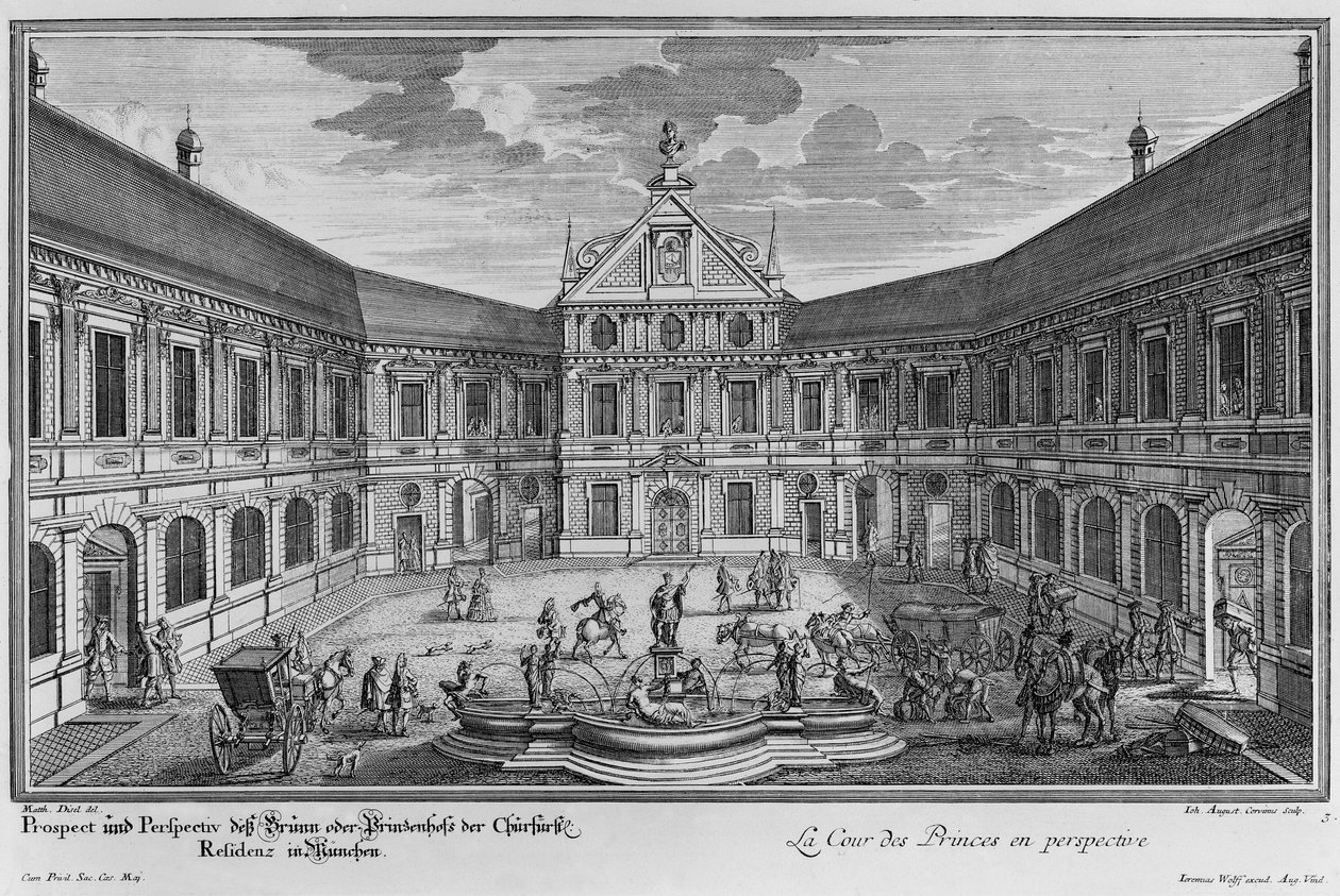 Palatset i München, Tyskland, graverat av Johann August Corvinus av Matthias Diesel