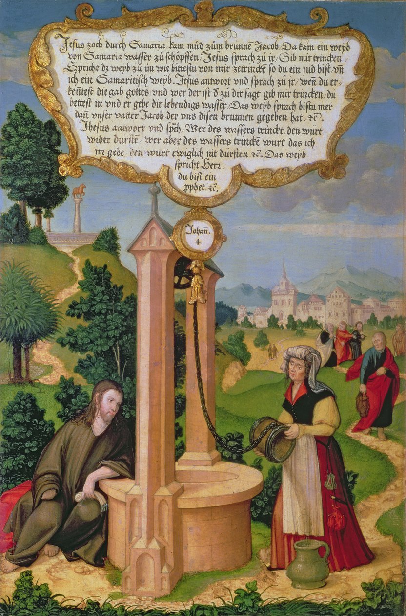 Kristus och kvinnan från Samaria vid Jakobs brunn, del av vingpanelen från Mompelgarter-altartavlan (panel) av Matthias Gerung or Gerou