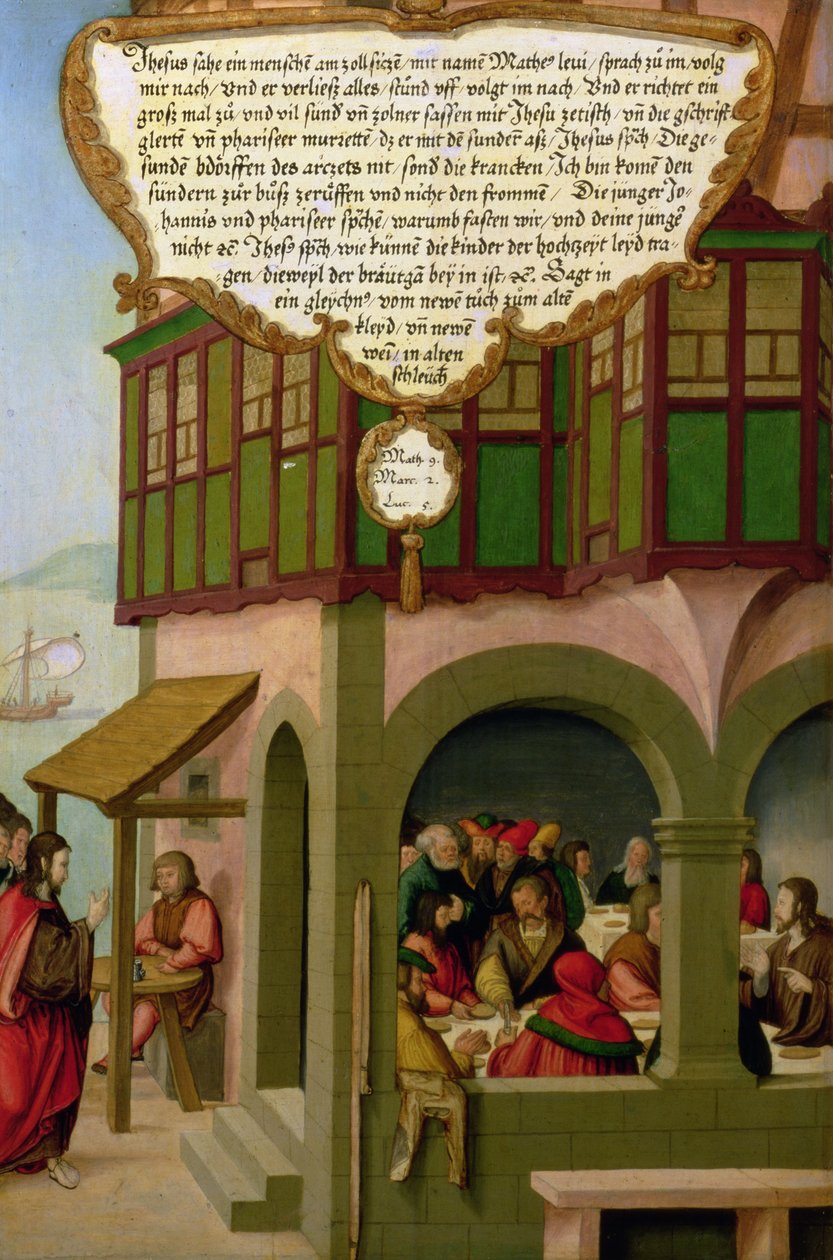 Jesus äter med skattebetalarna och syndarna (Matteus 9, Markus 2, Lukas 5) del av en vingpanel från Mompelgarter Altarpiece (panel) (se även 72465-79) av Matthias Gerung or Gerou