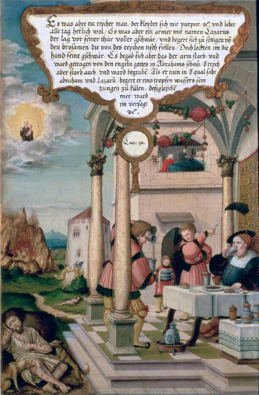 Lazarus och den rike mannens bord (Lukas 16), sektion av vingpanelen från Mompelgarter-altartavlan (panel) (se även 72465-79) av Matthias Gerung or Gerou