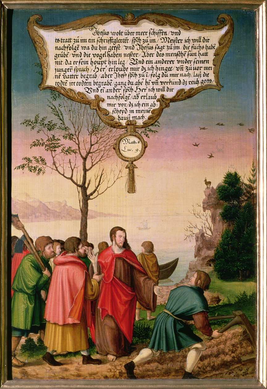 "Ingen är till någon nytta för Guds rike som lägger handen i plogen och sedan ser bakom sig", lär Kristus sina lärjungar (Luk 9 v.62), del av en vingpanel från Mompelgarter Altarpiece ( av Matthias Gerung or Gerou