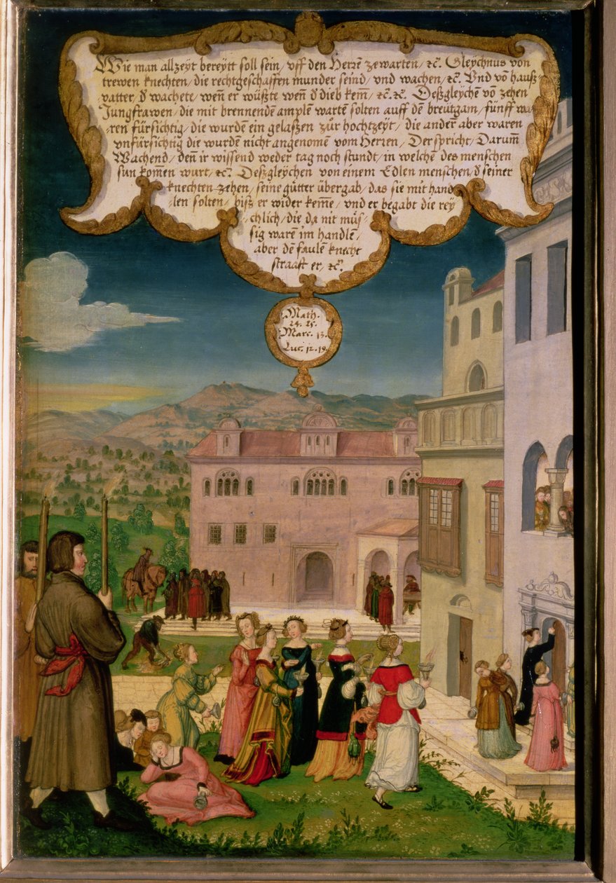 Lignelsen om de vise og tåbelige jomfruer, sektion af vingepanel fra Mompelgarter-altertavlen (panel) (se også 72465-79) swed av Matthias Gerung or Gerou